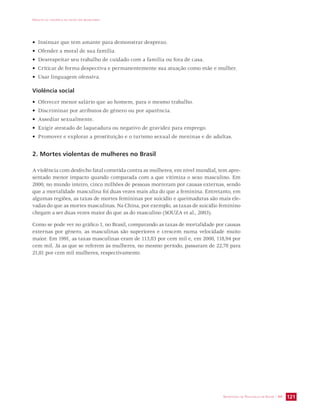 IMPACTO DA VIOLÊNCIA NA SAÚDE DOS BRASILEIROS 
• Insinuar que tem amante para demonstrar desprezo. 
• Ofender a moral de sua família. 
• Desrespeitar seu trabalho de cuidado com a família ou fora de casa. 
• Criticar de forma despectiva e permanentemente sua atuação como mãe e mulher. 
• Usar linguagem ofensiva. 
Violência social 
• Oferecer menor salário que ao homem, para o mesmo trabalho. 
• Discriminar por atributos de gênero ou por aparência. 
• Assediar sexualmente. 
• Exigir atestado de laqueadura ou negativo de gravidez para emprego. 
• Promover e explorar a prostituição e o turismo sexual de meninas e de adultas. 
SECRETARIA DE VIGILÂNCIA EM SAÚDE / MS 121 
2. Mortes violentas de mulheres no Brasil 
A violência com desfecho fatal cometida contra as mulheres, em nível mundial, tem apre-sentado 
menor impacto quando comparada com a que vitimiza o sexo masculino. Em 
2000, no mundo inteiro, cinco milhões de pessoas morreram por causas externas, sendo 
que a mortalidade masculina foi duas vezes mais alta do que a feminina. Entretanto, em 
algumas regiões, as taxas de mortes femininas por suicídio e queimaduras são mais ele-vadas 
do que as mortes masculinas. Na China, por exemplo, as taxas de suicídio feminino 
chegam a ser duas vezes maior do que as do masculino (SOUZA et al., 2003). 
Como se pode ver no gráfico 1, no Brasil, comparando as taxas de mortalidade por causas 
externas por gênero, as masculinas são superiores e crescem numa velocidade muito 
maior. Em 1991, as taxas masculinas eram de 113,83 por cem mil e, em 2000, 118,94 por 
cem mil. Já as que se referem às mulheres, no mesmo período, passaram de 22,78 para 
21,81 por cem mil mulheres, respectivamente. 
 