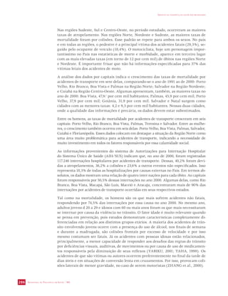SECRETARIA DE VIGILÂNCIA EM SAÚDE / MS 
IMPACTO DA VIOLÊNCIA NA SAÚDE DOS BRASILEIROS 
286 
Nas regiões Sudeste, Sul e Centro-Oeste, no período estudado, ocorreram as maiores 
taxas de atropelamento. Nas regiões Norte, Nordeste e Sudeste, as maiores taxas de 
mortalidade foram por colisões. Esse padrão se repete para ambos os sexos. No país 
e em todas as regiões, o pedestre é a principal vítima dos acidentes fatais (29,3%), se-guido 
pelo ocupante de veículo (18,4%). O motociclista, hoje um personagem impor-tantíssimo 
no País nas estatísticas de morte e morbidade, aparece em terceiro lugar 
com as mais elevadas taxas (em torno de 12 por cem mil) de óbitos nas regiões Norte 
e Nordeste. É importante frisar que não há informações especificadas para 37% das 
vítimas letais dos acidentes de moto. 
A análise dos dados por capitais indica o crescimento das taxas de mortalidade por 
acidentes de transporte em sete delas, comparando-se o ano de 1991 ao de 2000: Porto 
Velho, Rio Branco, Boa Vista e Palmas na Região Norte; Salvador na Região Nordeste; 
e Cuiabá na Região Centro-Oeste. Algumas apresentam, também, as maiores taxas no 
ano de 2000: Boa Vista, 47,9/ por cem mil habitantes; Palmas, 45,9 por cem mil; Porto 
Velho, 37,9 por cem mil; Goiânia, 31,9 por cem mil. Salvador e Natal surgem como 
cidades com as menores taxas: 4,2 e 9,3 por cem mil habitantes. Nessas duas cidades, 
onde a qualidade das informações é precária, os dados devem estar subestimados. 
Entre os homens, as taxas de mortalidade por acidentes de transporte cresceram em seis 
capitais: Porto Velho, Rio Branco, Boa Vista, Palmas, Teresina e Salvador. Entre as mulhe-res, 
o crescimento também ocorreu em seis delas: Porto Velho, Boa Vista, Palmas, Salvador, 
Cuiabá e Florianópolis. Esses dados colocam em destaque a situação da Região Norte como 
uma área muito problemática para acidentes de transporte, indicando a necessidade de 
muito investimento em todos os fatores responsáveis por essa calamidade social. 
As informações provenientes do sistema de Autorizações para Internação Hospitalar 
do Sistema Único de Saúde (AIH/SUS) indicam que, no ano de 2000, foram registradas 
117.246 internações hospitalares por acidentes de transporte. Dessas, 40,2% foram devi-das 
a atropelamentos, 36,2% a colisões e 23,6% a outros eventos não especificados. Isso 
representa 18,3% de todas as hospitalizações por causas externas no País. Em termos ab-solutos, 
os dados mostram uma relação de quatro inter nações para cada óbito. As capitais 
foram responsáveis por 50,5% dessas internações no ano 2000. Algumas delas, como Rio 
Branco, Boa Vista, Macapá, São Luís, Maceió e Aracaju, concentraram mais de 90% das 
internações por acidentes de transporte ocorridas em seus respectivos estados. 
Tal como na mortalidade, os homens são os que mais sofrem acidentes não fatais, 
respondendo por 74,5% das internações por essa causa no ano 2000. No mesmo ano, 
adultos jovens d 20 a 29 e idosos com 60 ou mais anos foram os que mais necessitaram 
se internar por causa da violência no trânsito. O fator idade é muito relevante quando 
se pensa em prevenção, pois estudos demonstram características completamente di-ferenciadas 
em relação aos distintos grupos etários. A maioria dos acidentes de trân-sito 
envolvendo jovens ocorre com a presença do uso de álcool, nos finais de semana 
e durante a madrugada, são colisões frontais por excesso de velocidade e por isso 
mesmo costumam ser fatais. Já os acidentes com pessoas idosas estão relacionados, 
principalmente, a menor capacidade de responder aos desafios das regras do trânsito 
por deficiências visuais, auditivas, de movimentos ou por causa de uso de medicamen-tos 
responsáveis pela diminuição de seus reflexos (YABIKU, 2001; TAHA, 1999). Os 
acidentes de que são vítimas ou autores ocorrem preferentemente no final da tarde de 
dias úteis e em situações de conversão lenta em cruzamentos. Por isso, provocam coli-sões 
laterais de menor gravidade, no caso de serem motoristas (ZHANG et al., 2000). 
 