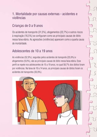 1. Mortalidade por causas externas - acidentes e 
violências 
Crianças de 0 a 9 anos 
Os acidentes de transporte (31,5%), afogamentos (22,7%) e outros riscos 
à respiração (16,5%) se configuram como as principais causas de óbito 
nessa faixa etária. As agressões (violências) aparecem como a quarta causa 
de mortalidade. 
Adolescentes de 10 a 19 anos 
As violências (52,9%), seguidas pelos acidentes de transporte (25,9%) e 
afogamentos (9,0%), são as principais causas de óbito nessa faixa etária. Esse 
perfil se repete nos adolescentes de 15 a 19 anos, no qual 58,7% dos óbitos foram 
por violências. Na faixa de 10 a 14 anos, as principais causas de óbitos foram os 
acidentes de transportes (35,9%). 
 