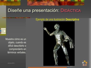 Diseñe una presentación: DIDÁCTICA
                          Ejemplo de una ilustración Descriptiva




Muestra cómo es un
  objeto, cuando es
  difícil describirlo o
   comprenderlo en
 términos verbales.


  Abril de 2012


                                                     Por: MTH
 
