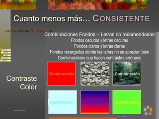 Cuanto menos más… C ONSISTENTE
                  Combinaciones Fondos – Letras no recomendadas
                               Fondos oscuros y letras oscuras
                                Fondos claros y letras claras
                    Fondos recargados donde las letras no se aprecian bien
                        Combinaciones que hacen contrastes erróneos


                    Combinación      Combinación     Combinación
Contraste
   Color

                    Combinación      Combinación     Combinación
  Abril de 2012


                                                       Por: MTH
 