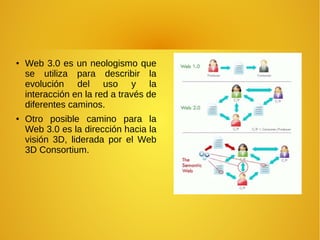●
Web 3.0 es un neologismo que
se utiliza para describir la
evolución del uso y la
interacción en la red a través de
diferentes caminos.
●
Otro posible camino para la
Web 3.0 es la dirección hacia la
visión 3D, liderada por el Web
3D Consortium.
 