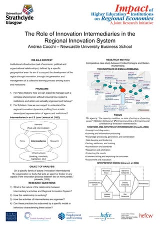 The Role of Innovation Intermediaries in the Regional Innovation SystemAndrea Cocchi – Newcastle University Business School RIS as a context Institutional infrastructure (set of economic, political and organizational relationships), defined by a specific geographical area. Its aim it to support the development of the region through innovation, through the generation and management of a collective learning process among actors and institutions  PROBLEMS For Policy Makers: how we can expect to manage such a complex phenomenon without knowing how system’s institutions and actors are actually organised and behave? For Scholars: how we can expect to understand the regional innovation dynamics profiting from a static, stereotyped representation of agents and institutions? Intermediaries in an I.S. (van Lente et al. 2003) OBJECT OF ANALYSIS On a specific family of actors: Innovation Intermediaries “An organization or body that acts an agent or broker in any aspect of the innovation process between two or more parties.” (Howells, 2006) RESEARCH QUESTIONS What is the nature of the relationship between Intermediary’s activities and Regional Innovation System?  How this relationship is evolving?  How the activities of Intermediaries are organised? Can these practices be subsumed by a specific model or behaviour characterising these actors?  RESEARCH METHOD Comparative case study between Emilia-Romagna and Baden-Wurttemberg TECHNOPOLES IN EMILIA-ROMAGNA FOCUS On agency: “the capacity, condition, or state of acting or of exerting power” (Webster Dictionary)  Entrepreneurship or Entrepreneurial Orientation of Innovation Intermediaries FUNCTIONS AND ACTIVITIES OF INTERMEDIARIES (Howells, 2006) ,[object Object]