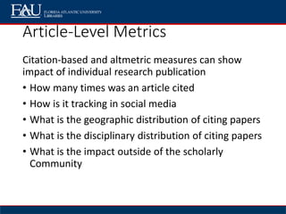 Article-Level Metrics
Citation-based and altmetric measures can show
impact of individual research publication
• How many times was an article cited
• How is it tracking in social media
• What is the geographic distribution of citing papers
• What is the disciplinary distribution of citing papers
• What is the impact outside of the scholarly
Community
 