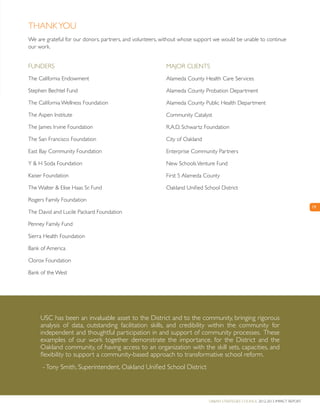 Urban Strategies Council 2012-2013 Impact Report
19
ThankYou
We are grateful for our donors, partners, and volunteers, without whose support we would be unable to continue
our work.
Funders
The California Endowment
Stephen Bechtel Fund
The California Wellness Foundation
The Aspen Institute
The James Irvine Foundation
The San Francisco Foundation
East Bay Community Foundation
Y & H Soda Foundation
Kaiser Foundation
The Walter & Elise Haas Sr. Fund
Rogers Family Foundation
The David and Lucile Packard Foundation
Penney Family Fund
Sierra Health Foundation
Bank of America
Clorox Foundation
Bank of the West
USC has been an invaluable asset to the District and to the community, bringing rigorous
analysis of data, outstanding facilitation skills, and credibility within the community for
independent and thoughtful participation in and support of community processes. These
examples of our work together demonstrate the importance, for the District and the
Oakland community, of having access to an organization with the skill sets, capacities, and
flexibility to support a community-based approach to transformative school reform.
-Tony Smith, Superintendent, Oakland Unified School District
Major CLIENTS
Alameda County Health Care Services
Alameda County Probation Department
Alameda County Public Health Department
Community Catalyst
R.A.D. Schwartz Foundation
City of Oakland
Enterprise Community Partners
New SchoolsVenture Fund
First 5 Alameda County
Oakland Unified School District
 
