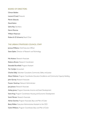 Board of Directors
Clinton Bolden
Leonard Creed,Treasurer
Merlin Edwards
David Kelvin
Sylvia Key, Secretary
Norm Monroe
William Patterson
Robert A. D. Schwartz, Board Chair
The Urban Strategies Council Staff
Junious Williams, Chief Executive Officer
Steve Spiker, Director of Research andTechnology
Nic Aulston, Research Associate
Rebecca Brown, Research Coordinator
Shantelle Brumfield, Program Assistant
Teri Carlyle,Accountant
Charles Eddy, Volunteer Consultant, Community Safety and Justice
Alison Feldman, Program Coordinator, Education Excellence and Community Capacity Building
John Garvey, Research Associate
Fosster Gandrup, Network Administrator
Joe Jackson, Research Associate
Ashley James, Program Associate, Income and Asset Development
Steve King, Program Coordinator, Housing and Economic Development
Sarah Marxer, Research Associate
Adrian Sanchez, Program Associate, Boys and Men of Color
Betty Walker, Executive Administrative Assistant to the CEO
Calvin Williams, Program Coordinator, Boys and Men of Color
 