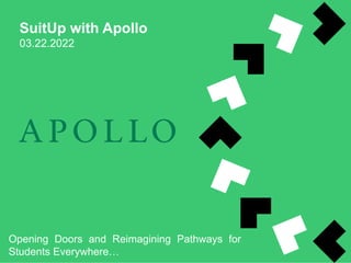 SuitUp with Apollo
03.22.2022
Opening Doors and Reimagining Pathways for
Students Everywhere…
 