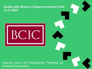SuitUp with Boston College Investment Club
10.21.2022
INSERT
COMPANY
LOGO
Opening Doors and Reimagining Pathways for
Students Everywhere…
 
