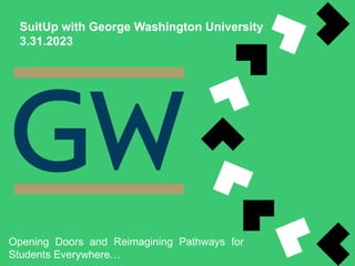 SuitUp with George Washington University
3.31.2023
Opening Doors and Reimagining Pathways for
Students Everywhere…
 