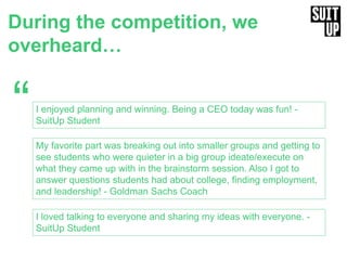 During the competition, we
overheard…
“I enjoyed planning and winning. Being a CEO today was fun! -
SuitUp Student
My favorite part was breaking out into smaller groups and getting to
see students who were quieter in a big group ideate/execute on
what they came up with in the brainstorm session. Also I got to
answer questions students had about college, finding employment,
and leadership! - Goldman Sachs Coach
I loved talking to everyone and sharing my ideas with everyone. -
SuitUp Student
 