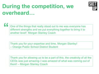 During the competition, we
overheard…
“
Thank you for your expertise and time, Morgan Stanley!
– Orange Public School District Student
Thank you for allowing us to be a part of this. the creativity of all the
CEOs was just amazing–I was amazed of what was coming out of
them! – Morgan Stanley Coach
One of the things that really stood out to me was everyone has
different strengths and we put everything together to bring it to
another level! Morgan Stanley Coach
 