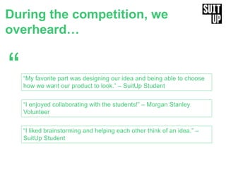 During the competition, we
overheard…
“I enjoyed collaborating with the students!” – Morgan Stanley
Volunteer
“My favorite part was designing our idea and being able to choose
how we want our product to look.” – SuitUp Student
“I liked brainstorming and helping each other think of an idea.” –
SuitUp Student
“
 