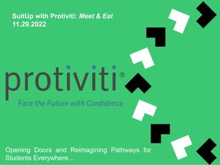 SuitUp with Protiviti: Meet & Eat
11.29.2022
Opening Doors and Reimagining Pathways for
Students Everywhere…
 