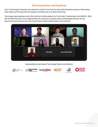 IMPACT REPORT | RAINMAKING SERIES 17
Up to 10 technology companies were selected to conduct in the Tech For Good Cities Roadshow session in Rainmaking
India, Nepal and Sri Lanka with the roadshow committee such as TusPark Hong Kong.
Technology startup pipelines were further built over the Roundtable for IoT and Urban Transformation Hub (ASEAN - GBA)
with the World Economic Forum (Beĳing Office) for continuous innovative smart city technologies listing to the city
governments procurements and urban transformation project implementation and investment.
Tech Companies and Pipelines
Sustainability-driven Impact Technology Pipeline and Network
 