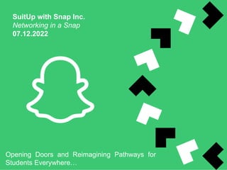 SuitUp with Snap Inc.
Networking in a Snap
07.12.2022
Opening Doors and Reimagining Pathways for
Students Everywhere…
 