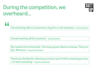 During the competition, we
overheard…
“I loved being able to customize a bag for a real company – SuitUp Student
I loved meeting all the coaches! – SuitUp Student
We need to hire these kids. Too many great ideas to choose. They are
ALL Winners! – Tapestry Volunteer
Thank you SuitUp for allowing us to be a part of this amazing journey
- it's been amazing! – Tapestry Volunteer
 