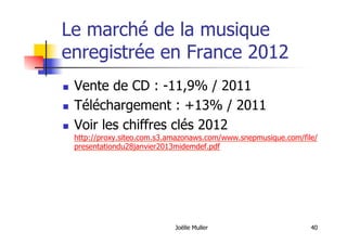Le marché de la musique
enregistrée en France 2012
  Vente de CD : -11,9% / 2011
  Téléchargement : +13% / 2011
  Voir les chiffres clés 2012
http://proxy.siteo.com.s3.amazonaws.com/www.snepmusique.com/file/
presentationdu28janvier2013midemdef.pdf
Joëlle Muller 40
 