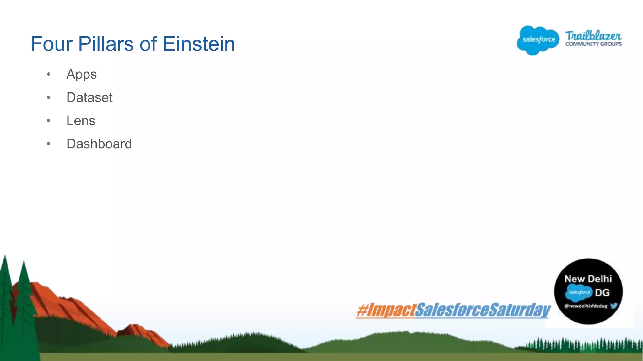 • Apps
• Dataset
• Lens
• Dashboard
Four Pillars of Einstein
 