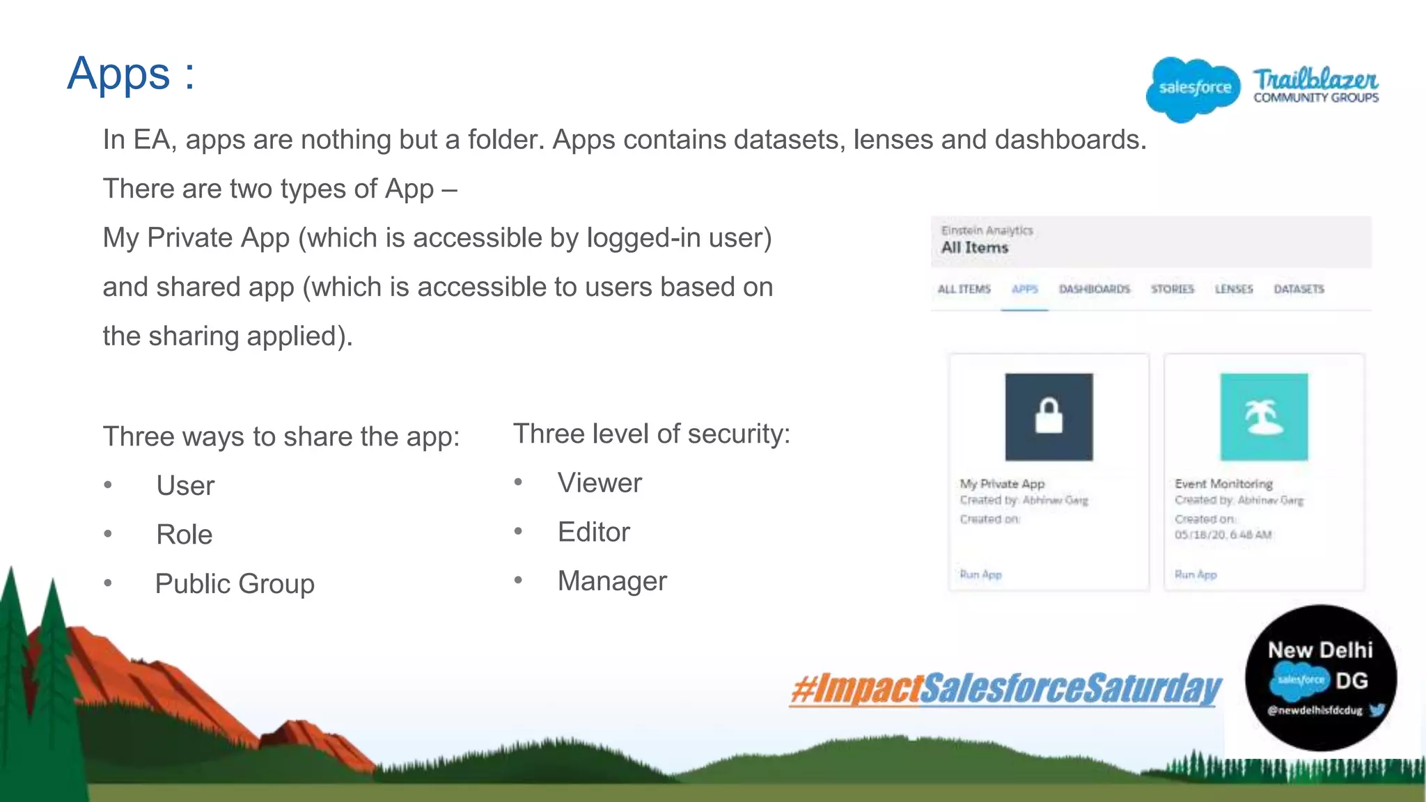 In EA, apps are nothing but a folder. Apps contains datasets, lenses and dashboards.
There are two types of App –
My Private App (which is accessible by logged-in user)
and shared app (which is accessible to users based on
the sharing applied).
Three ways to share the app:
• User
• Role
• Public Group
Apps :
Three level of security:
• Viewer
• Editor
• Manager
 