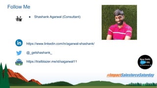 Follow Me
● Shashank Agarwal (Consultant)
https://www.linkedin.com/in/agarwal-shashank/
@_getshashank_
https://trailblazer.me/id/sagarwal11
 