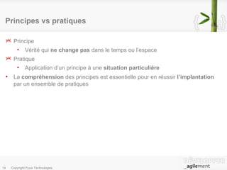 Principes vs pratiques Principe Vérité qui  ne change pas  dans le temps ou l’espace Pratique Application d’un principe à une  situation particulière La  compréhension  des principes est essentielle pour en réussir  l’implantation  par un ensemble de pratiques 