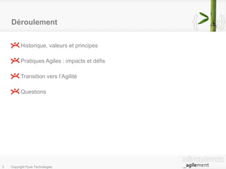 Déroulement Historique, valeurs et principes Pratiques Agiles : impacts et défis Transition vers l’Agilité Questions 