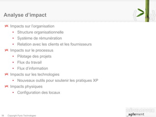 Analyse d’impact Impacts sur l’organisation Structure organisationnelle Système de rémunération Relation avec les clients et les fournisseurs Impacts sur le processus Pilotage des projets Flux du travail Flux d’information Impacts sur les technologies Nouveaux outils pour soutenir les pratiques XP Impacts physiques Configuration des locaux 