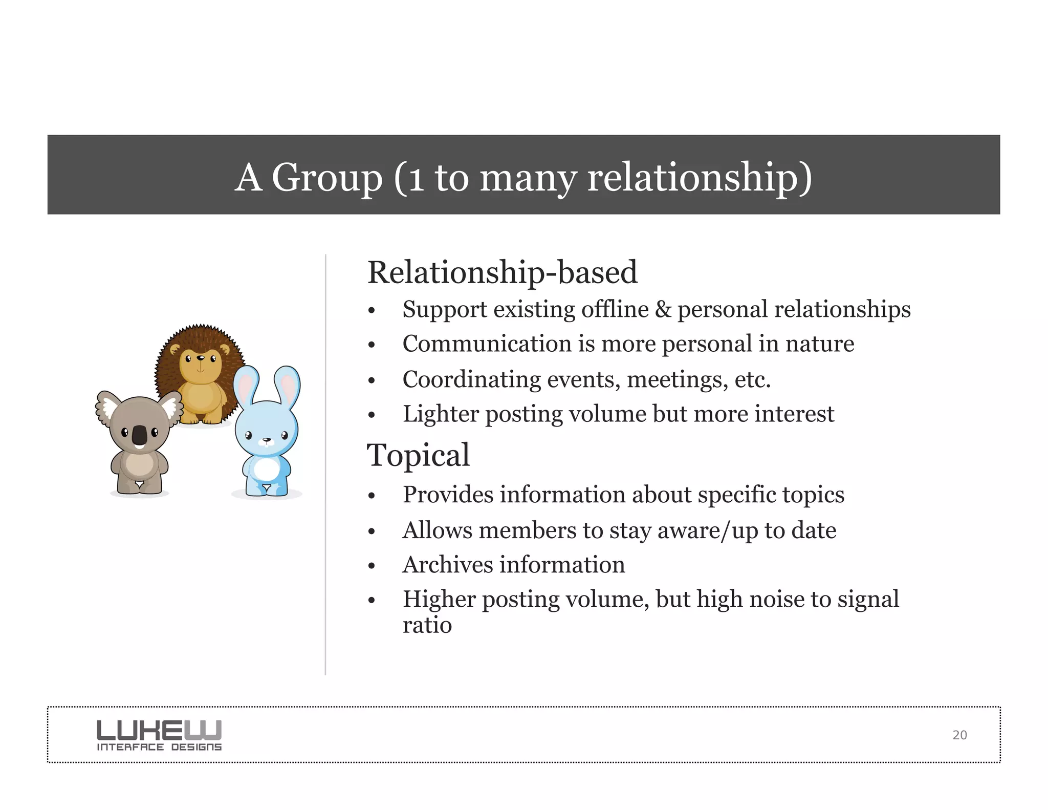 A Group (1 to many relationship)

       Relationship-based
       •    Support existing offline & personal relationships
       •    Communication is more personal in nature
       •    Coordinating events, meetings, etc.
       •    Lighter posting volume but more interest
       Topical
       •    Provides information about specific topics
       •    Allows members to stay aware/up to date
       •    Archives information
       •    Higher posting volume, but high noise to signal
            ratio



                                                                20
 