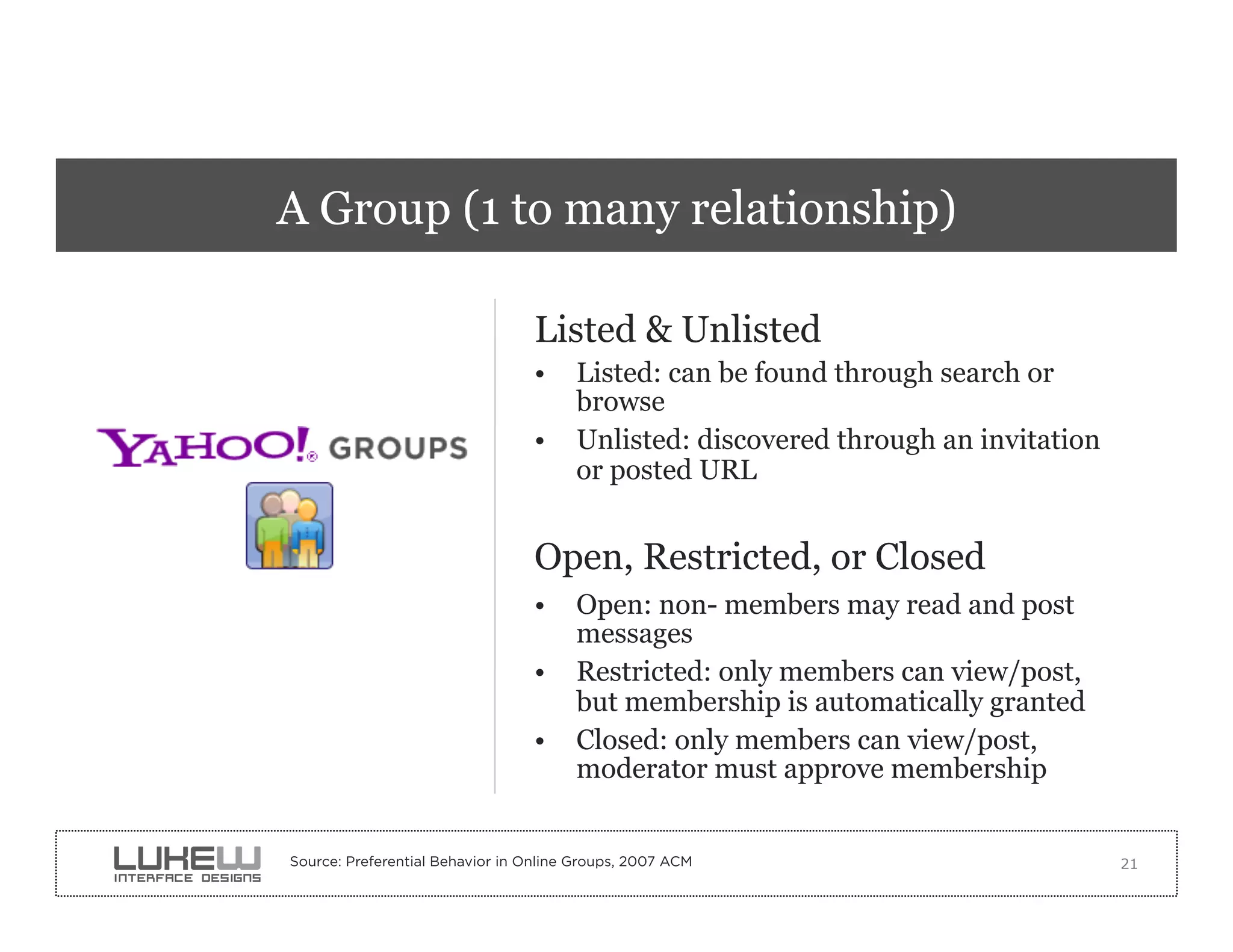 A Group (1 to many relationship)

                                 Listed & Unlisted
                                 •  Listed: can be found through search or
                                    browse
                                 •  Unlisted: discovered through an invitation
                                    or posted URL


                                 Open, Restricted, or Closed
                                 •  Open: non- members may read and post
                                    messages
                                 •  Restricted: only members can view/post,
                                    but membership is automatically granted
                                 •  Closed: only members can view/post,
                                    moderator must approve membership


Source: Preferential Behavior in Online Groups, 2007 ACM                         21
 