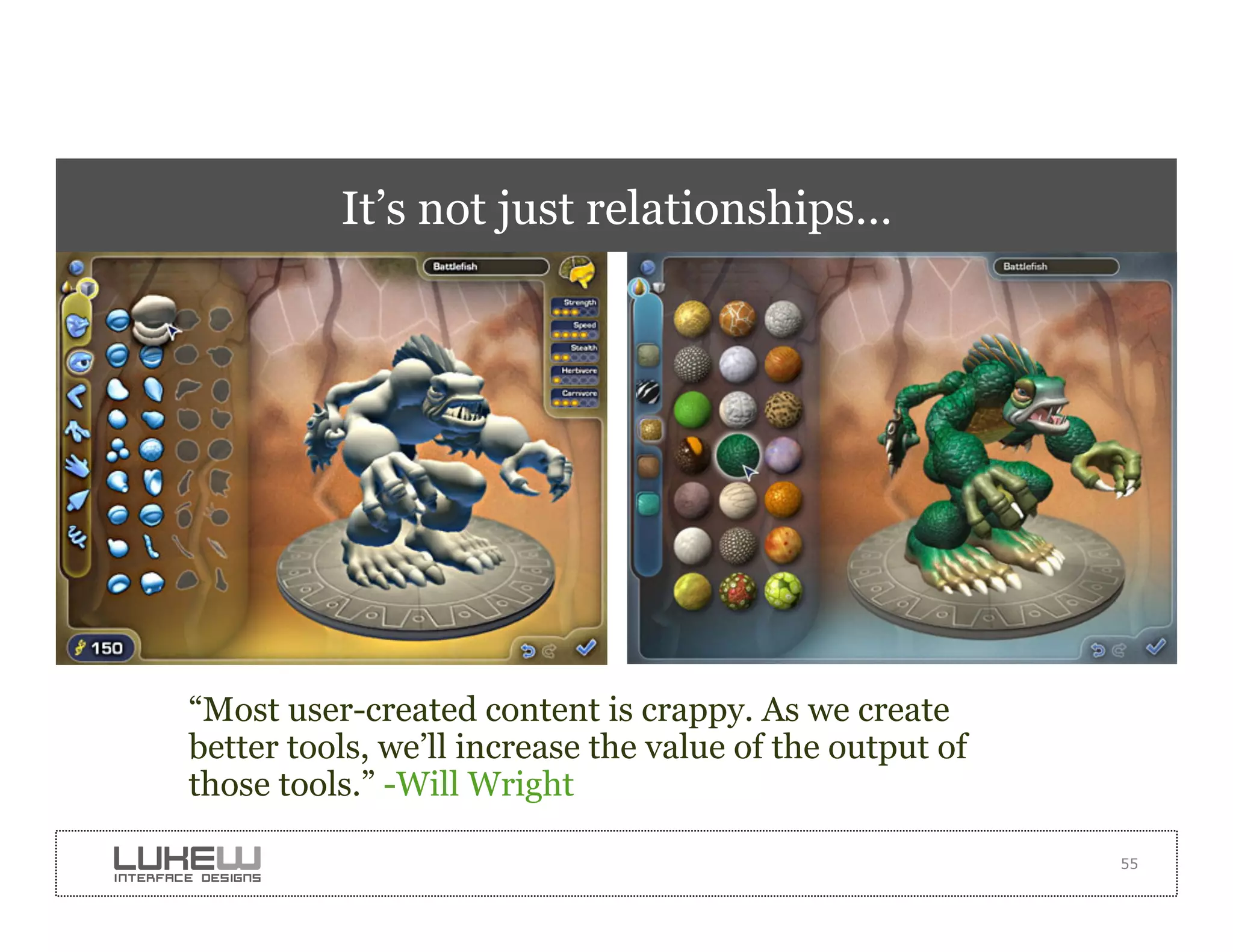 It’s not just relationships…




“Most user-created content is crappy. As we create
better tools, we’ll increase the value of the output of
those tools.” -Will Wright

                                                          55
 