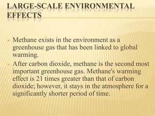 LARGE-SCALE ENVIRONMENTAL
EFFECTS
 Methane exists in the environment as a
greenhouse gas that has been linked to global
warming.
 After carbon dioxide, methane is the second most
important greenhouse gas. Methane's warming
effect is 21 times greater than that of carbon
dioxide; however, it stays in the atmosphere for a
significantly shorter period of time.
 