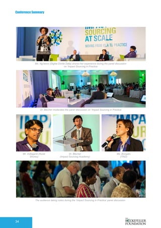 Conference Summary
34
Ms. Ng’weno (Digital Divide Data) shares her experience during the panel discussion
on ‘Impact Sourcing in Practice
The audience taking notes during the ‘Impact Sourcing in Practice’ panel discussion
Dr. Blecher moderates the panel discussion on ‘Impact Sourcing in Practice
Mr. Vullaganti (Rural
Shores)
Dr. Blecher
(Impact Sourcing Academy)
Ms. Bongato
(ITAD)
 