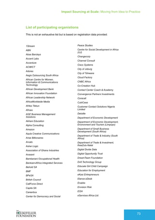 Impact Sourcing at Scale: Moving from Idea to Practice
73
List of participating organistions
This is not an exhaustive list but is based on registration data provided.
1Stream
ABN
Absa Barclays
Accent Labs
Accenture
ACWICT
Adores
Aegis Outsourcing South Africa
African Centre for Women,
Information & Communications
Technology
African Development Bank
African Innovation Foundation
African Leadership Network
AfricaWorldwide Media
Afrika Tikkun
Afroes
AGE Business Management
Solutions
Akhani Education
Alpha Consulting
Amazon
Aqula Creative Communications
Arise Billionaires
Arvato
Asher Logic
Association of Ghana Industries
Avasant
Bambanani Occupational Health
BankservAfrica Integrated Services
Behold SA
BMF
BPeSA
British Council
CallForce Direct
Capita SA
Careerbox
Center for Democracy and Social
Peace Studies
Centre for Social Development in Africa
(UJ)
Changecorp
Channel Consult
Cisco Systems
City of Joburg
City of Tshwane
Cloud Factory
CNBC Africa
Co-Creation Hub
Contact Center Coach & Academy
Convergence Partners Investments
Coracall
CubiCasa
Customer Contact Solutions Nigeria
Limited
Deloitte
Department of Economic Development
Department of Economic Development,
Environment and Tourism (Limpopo)
Department of Small Business
Development (South Africa)
Department of Trade & Industry (South
Africa)
Department of Trade & Investment,
KwaZulu-Natal
Digital Divide Data
Digital Opportunity Trust
DreamTeam Foundation
Dv8 Technology Group
Educate Girl Child Campaign
Education for Employment
eKasi Entrepreneurs
Elance-oDesk
Enablis
Envision Risk
EOH
eServices Africa Ltd.
 