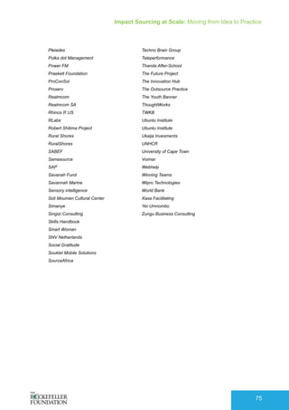 Impact Sourcing at Scale: Moving from Idea to Practice
75
Pleiades
Polka dot Management
Power FM
Praekelt Foundation
ProConSol
Proserv
Realmcom
Realmcom SA
Rhinos R US
RLabs
Robert Shitima Project
Rural Shores
RuralShores
SABEF
Samasource
SAP
Savanah Fund
Savannah Marine
Sensory intelligence
Sidi Moumen Cultural Center
Simanye
Singizi Consulting
Skills Handbook
Smart Woman
SNV Netherlands
Social Gratitude
Souktel Mobile Solutions
SourceAfrica
Techno Brain Group
Teleperformance
Thanda After-School
The Future Project
The Innovation Hub
The Outsource Practice
The Youth Banner
ThoughtWorks
TWKB
Ubuntu Institute
Ubuntu Institute
Ukaija Invesments
UNHCR
University of Cape Town
Voimar
Webhelp
Winning Teams
Wipro Technologies
World Bank
Xasa Facilitating
Yei Umnombo
Zungu Business Consulting
 