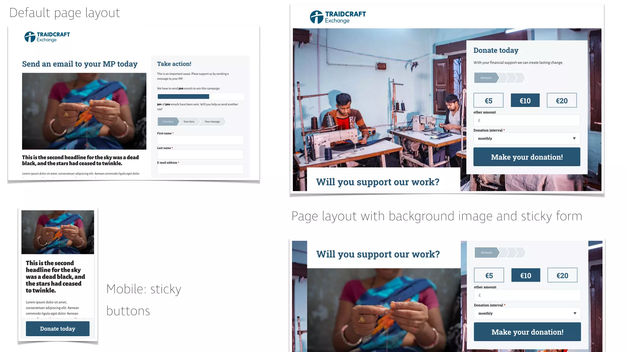 Default page layout
Page layout with background image and sticky form
Mobile: sticky
buttons
 