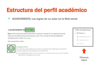Estructura del perfil académico
▀ ACHIEVEMENTS: Los logros de un autor en la Web social
Filtramos
logros
 