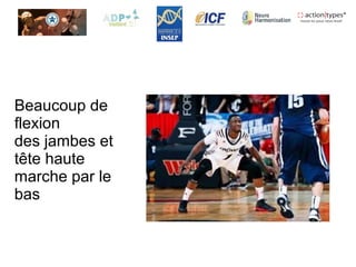 Beaucoup de
flexion
des jambes et
tête haute
marche par le
bas
 