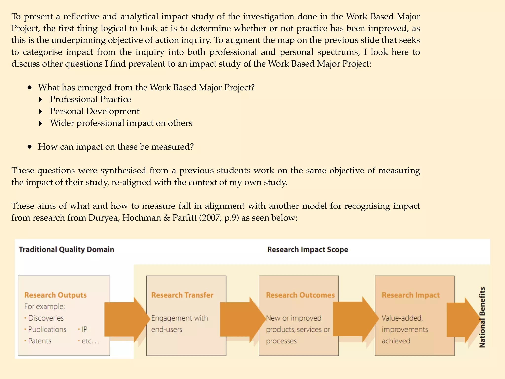 To present a reﬂective and analytical impact study of the investigation done in the Work Based Major
Project, the ﬁrst thing logical to look at is to determine whether or not practice has been improved, as
this is the underpinning objective of action inquiry. To augment the map on the previous slide that seeks
to categorise impact from the inquiry into both professional and personal spectrums, I look here to
discuss other questions I ﬁnd prevalent to an impact study of the Work Based Major Project:

   • What has emerged from the Work Based Major Project?
     ‣ Professional Practice
     ‣ Personal Development
     ‣ Wider professional impact on others

   • How can impact on these be measured?

These questions were synthesised from a previous students work on the same objective of measuring
the impact of their study, re-aligned with the context of my own study.

These aims of what and how to measure fall in alignment with another model for recognising impact
from research from Duryea, Hochman & Parﬁtt (2007, p.9) as seen below:
 