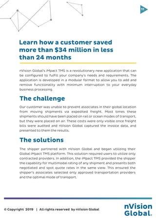 11
© Copyright 2019 | All rights reserved by nVision Global
Learn how a customer saved
more than $34 million in less
than 24 months
nVision Global’s iMpact TMS is a revolutionary new application that can
be configured to fulfill your company's needs and requirements. The
application is developed in a modular format to allow you to add and
remove functionality with minimum interruption to your everyday
business processing.
Our customer was unable to prevent associates in their global location
from moving shipments via expedited freight. Most times these
shipments should have been placed on rail or ocean modes of transport,
but they were placed on air. These costs were only visible once freight
bills were audited and nVision Global captured the invoice data, and
presented to them the results.
The challenge
The shipper partnered with nVision Global and began utilizing their
Global iMpact TMS platform. This solution required users to utilize only
contracted providers. In addition, the iMpact TMS provided the shipper
the capability for multimodal rating of any shipment and presents both
negotiated and spot quote rates in the same view. This ensured the
shipper’s associates selected only approved transportation providers
and the optimal mode of transport.
The solutions
 