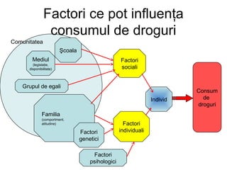 Factori ce pot influenţa
consumul de droguri
Individ
Consum
de
droguri
Factori
sociali
Factori
individuali
Mediul
(legislaţie,
disponibilitate)
Grupul de egali
Şcoala
Familia
(comportment,
atitudine)
Factori
genetici
Factori
psihologici
Comunitatea
 
