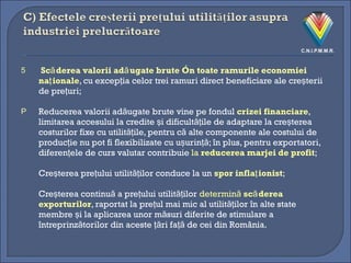 Scăderea valorii adăugate brute în toate ramurile economiei naţionale , cu excepţia celor trei ramuri direct beneficiare ale creşterii de preţuri; Reducerea valorii adăugate brute vine pe fondul  crizei financiare , limitarea accesului la credite şi dificultăţile de adaptare la creşterea costurilor fixe cu utilităţile, pentru că alte componente ale costului de producţie nu pot fi flexibilizate cu uşurinţă; în plus, pentru exportatori, diferenţele de curs valutar contribuie  la  reducerea marjei de profit ; Creşterea preţului utilităţilor conduce la un  spor inflaţionist ; Creşterea continuă a preţului utilităţilor  determină  scăderea exporturilor , raportat la preţul mai mic al utilităţilor în alte state membre şi la aplicarea unor măsuri diferite de stimulare a întreprinzătorilor din aceste ţări faţă de cei din România. 
