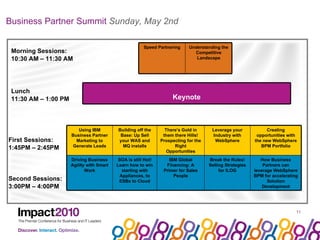 Business Partner Summit  Sunday, May 2nd   Morning Sessions:  10:30 AM – 11:30 AM First Sessions:  1:45PM – 2:45PM Second Sessions: 3:00PM – 4:00PM Lunch 11:30 AM – 1:00 PM How Business Partners can leverage WebSphere BPM for accelerating Solution Development Break the Rules! Selling Strategies for ILOG IBM Global Financing: A Primer for Sales People SOA is still Hot! Learn how to win starting with Appliances, to ESBs to Cloud Driving Business Agility with Smart Work Creating opportunities with the new WebSphere BPM Portfolio Leverage your Industry with WebSphere There’s Gold in them there Hills! Prospecting for the Right Opportunities Building off the Base: Up Sell your WAS and MQ installs Using IBM Business Partner Marketing to Generate Leads Understanding the Competitive Landscape Speed Partnering Keynote 