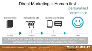 @ronalddegroot | @mobileloyaltyYZ | #mobileloyalty | #shoppingtoday
Was gesegmenteerde
communicatie
Was
gepersonaliseerde
dialoog
Was continue
individuele dialoog
Is onderdeel van
core business
Direct Marketing = Veranderd
“At the end of the day, it’s still delivering seamless experiences that inspire
participation, change behaviors and increase conversion.”
Direct Marketing = Human first
 