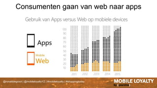 @ronalddegroot | @mobileloyaltyYZ | #mobileloyalty | #shoppingtoday
Consumenten gaan van web naar apps
 