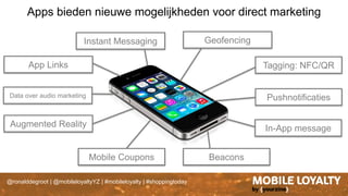 @ronalddegroot | @mobileloyaltyYZ | #mobileloyalty | #shoppingtoday
Pushnotificaties
In-App message
BeaconsMobile Coupons
Data over audio marketing
Geofencing
Tagging: NFC/QR
Instant Messaging
App Links
Augmented Reality
Apps bieden nieuwe mogelijkheden voor direct marketing
 