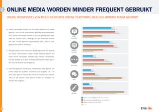 2

ONLINE MEDIA WORDEN MINDER FREQUENT GEBRUIKT
ONLINE NIEUWSSITES ZIJN MEEST GEBRUIKTE ONLINE PLATFORMS; WEBLOGS WORDEN MINST GEBRUIKT
56%

Online nieuwssites worden van de online platforms het meest
gebruikt. 56% van de consumenten gebruikt deze media weke­
lijks. Online nieuwssites worden op de voet gevolgd door web­
sites van kranten (52%). Weblogs, fora en reviewsites worden

Online
nieuwssites

52%

gebruikt dit medium wekelijks).

van 2012. Consumenten maken minder frequent gebruik van

20%

26%

fora als weblogs. Er is geen duidelijke aanwijsbare reden gevon­

42%

den voor de afname van het gebruik.
Reviewsites
16%

online media dan ouderen. Opvallend is dat jongeren (18 – 34

58%

21%

24%

jaar) vaker gebruik maken van online nieuwssites dan ouderen
kranten dan jongeren.

52%

22%

Over het algemeen maken jong volwassenen vaker gebruik van

68%

40%

21%

zowel online nieuwssites, websites van kranten, reviewssites,

(55+) en dat ouderen vaker gebruik maken van websites van

60%

60%
Websites
van krant

72%

37%

20%

een stuk minder gebruikt (respectievelijk 20%, 16% en 13%

Het gebruik van online media is in 2013 afgenomen ten opzichte

63%

63%

32%

Fora

76%

51%

13%
15%

20%
23%

Weblogs

64%

Maakt minimaal wekelijks gebruik van dit medium
Maakt minimaal maandelijks gebruik van dit medium
Maakt nooit gebruik van dit medium
2012

11

80%

 