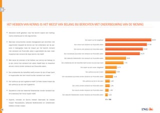9

HET HEBBEN VAN KENNIS IS HET MEEST VAN BELANG BIJ BERICHTEN MET ONDERBOUWING VAN DE MENING
Allereerst wordt gekeken naar het bericht waarin een stelling­
name onderbouwd is met argumenten.
Wanneer consumenten worden blootgesteld aan berichten met
argumenten bepaald de kennis van het onderwerp van de per­
soon in belangrijke mate de impact van het bericht. Iemand
met verstand van financiële zaken is gemiddeld zes keer meer
impactvol dan iemand die deze kennis niet heeft.
Met name bij vrienden is het hebben van kennis van belang: zo
is een vriend met verstand van zaken twaalf keer zo impactvol
als een vriend zonder verstand van financiële zaken.
Een onbekende die hetzelfde heeft ervaren bij zijn of haar bank
is impactvoller dan een vriend zonder verstand van zaken.
Een politicus op wie is gestemd heeft 2,4 keer zoveel impact als
een politicus op wie niet is gestemd.
Opvallend is dat een bekende Nederlander zonder verstand van
dit onderwerp het minst impact heeft.
Experts, vrienden en kennis hebben daarnaast de meeste
impact. Nieuwslezers, bekende Nederlanders en onbekenden
hebben minder impact
26

18,93

Een expert op het vakgebied
17,08

Een vriend met verstand van financiële zaken
15,45

Een kennis met verstand van financiële zaken

14,20

Een nieuwslezer/journalist met verstand van financiële zaken
8,55

Een bekende Nederlander met verstand van financiële zaken

7,51

Een onbekende die net hetzelfde heeft ervaren bij zijn/haar bank
4,72

Een expert op een ander vakgebied

4,35

Een politicus op wie ik stem
Een nieuwslezer/journalist zonder verstand van financiële zaken

3,16

Een politicus op wie ik niet stem

1,84

Een vriend zonder verstand van financiële zaken

1,81

Een kennis zonder verstand van financiële zaken
Een bekende Nederlander zonder verstand van financiële zaken

1,38
1,02
N = 766

 