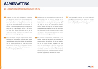 SAMENVATTING
DE 10 BELANGRIJKSTE BEVINDINGEN OP EEN RIJ

V
 ergeleken met social media, peer platforms en websites

T
10  ot slot bevestigt het onderzoek dat berichten waarin een

hoeveelheid berichten die het bericht bevestigen en het

mening onderbouwd wordt met argumenten meer ge­

financieel als algemeen nieuws de grootste invloed op de

persoon­ijke belang van een bericht worden als belang­
l

loofwaardig, overtuigend en impactvol zijn dan berichten

kennis, de houding en het gedrag van consumenten. Bij

rijkste factoren voor impact gezien. Respectievelijk 75%,

waarin geen goede argumenten worden gegeven.

35% van de respondenten hebben nieuwsberichten re­

74%, 74%, 72% en 71% van de respondenten geeft aan

gelmatig of zeer frequent gezorgd voor veranderingen in

dat deze factoren de impact van een bericht vergroten.

kennis, bij 21% in de houding en bij 18% in het gedrag.

Opvallend is dat een negatieve toon van het bericht voor

Ook social media hebben zeker impact: bij 15% van de

veel respondenten niet van invloed is (24%) op de impact

consumenten hebben nieuwsberichten op social media

van het bericht. Berichten met een positieve toon worden

geleid tot een verandering in gedrag.
7

De afzender van het bericht, de gebruikte argumenten, de

van organisaties, hebben online nieuwssites voor zowel

6

echter vaker als impactvol gezien (44%).

K
 ennis, houding en gedrag van jongeren worden sterker

8

9

E
 en experiment is uitgevoerd om te achterhalen in hoe­

beïnvloed door berichtgeving op social media, online

verre de afzender van een bericht van invloed is op de

nieuws­ ites, peer platforms en websites van organisaties
s

mate van impact. Het experiment laat zien dat de exper­

dan van oudere respondenten. Zo zorgen social media

tise van een afzender van groot belang is op de mate

bijvoorbeeld bij 24% van de jong volwassenen voor een

waarin een bericht impactvol is. Berichten van afzenders

gedragsverandering, terwijl dit aantal bij volwassenen en

met kennis van het onderwerp zijn ongeveer 6 keer zo

ouderen veel lager ligt (17% en 7%).

impactvol als berichten van mensen zonder kennis van

	

het onderwerp. Autoriteit en geloofwaardigheid lijken een
belangrijke rol te spelen bij het hebben van impact.

4

 