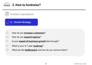 3. How to fundraise?
-32- © KIBOW All rights reserved.
6．Growth Strategy
□ How do you increase customers?
□ How do you exp...