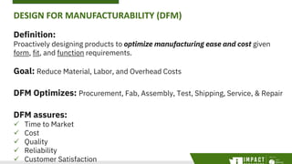 DESIGN FOR MANUFACTURABILITY (DFM)
Definition:
Proactively designing products to optimize manufacturing ease and cost give...